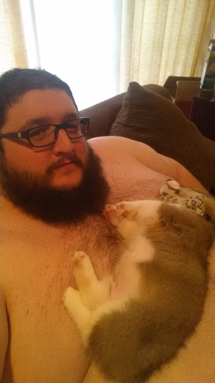 mrpibearian:

Our new puppy got cuddly after dinner and found…